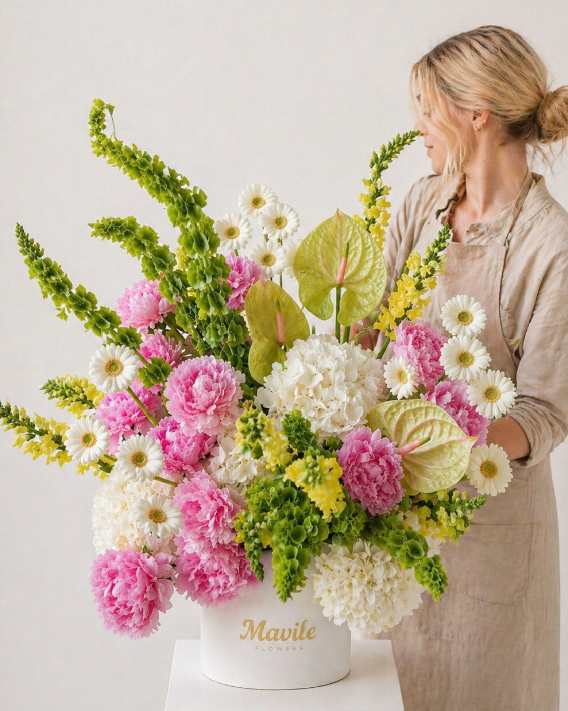 FSMIA fresh flower arrangement with pink carnations white hydrangeas and green foliage floral fragrance for women