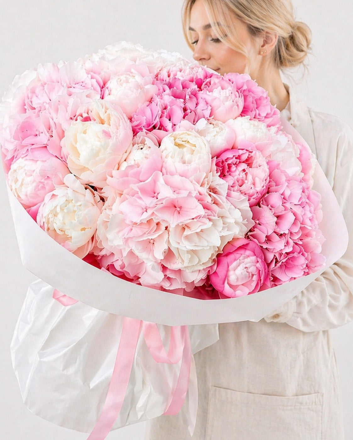 Olive garden fresh flower arrangement by FSMIA with pink and white peonies wrapped in white paper